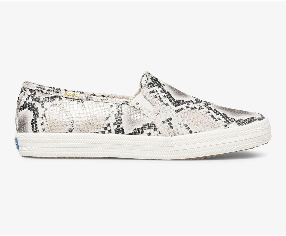 Keds Slip Ons White/Black - Kate Spade new york Double Decker Snake Leather - Womens XBHYGU-952